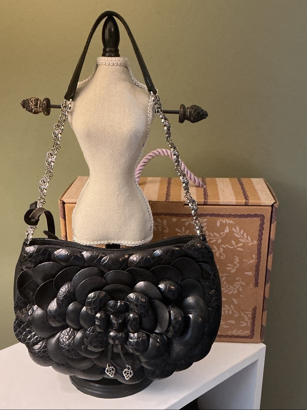 Brighton Rosalie Collection Black Floral Appliqué Chain-Shoulder Bag with Box